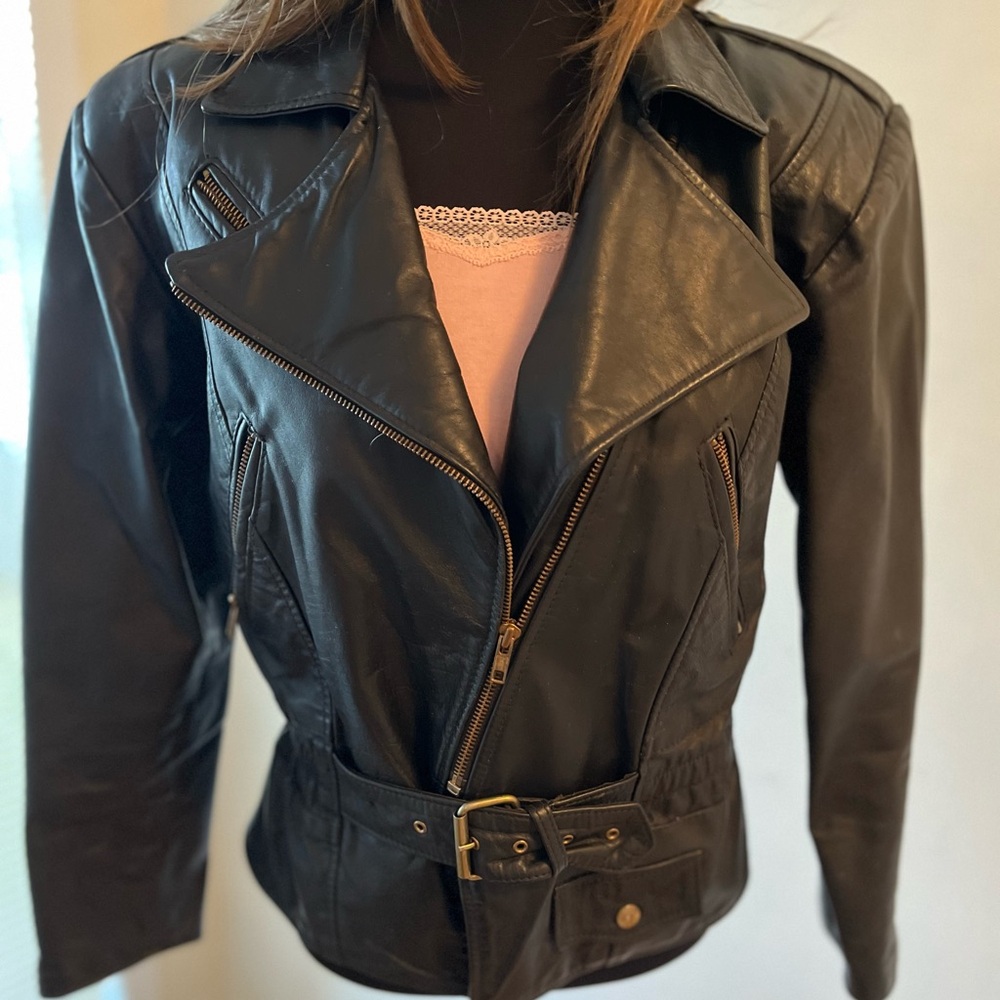 Genuine Black all Leather Women's Jacket with brass zippers and hardware